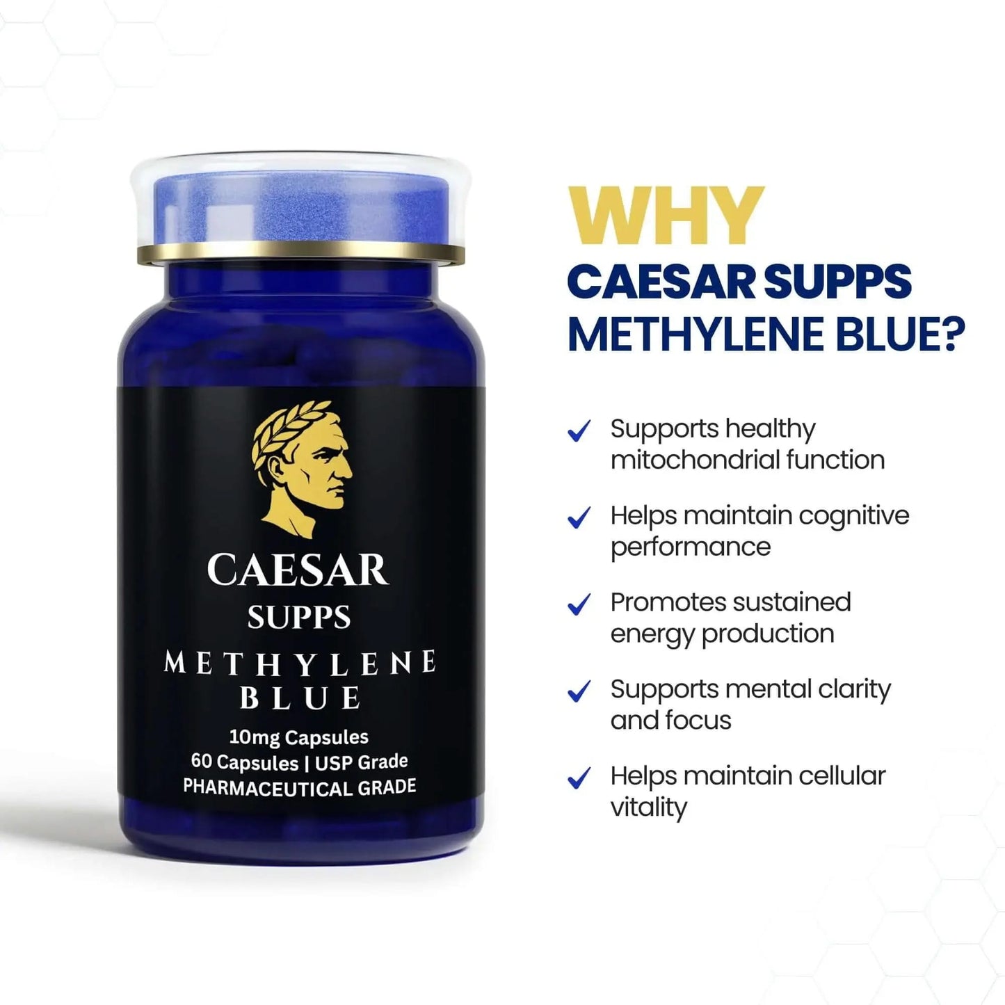 Bottle of Caesar Supps Methylene Blue with product details on a white background