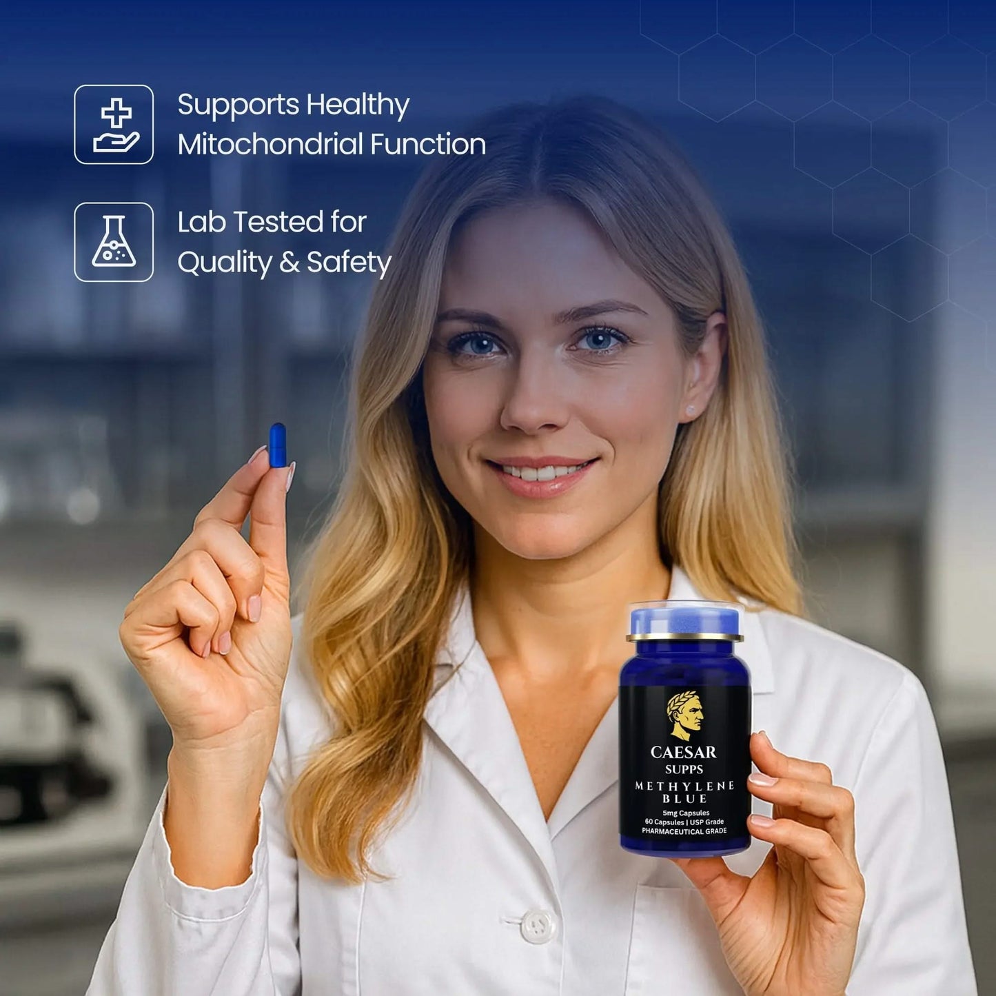 Woman holding a supplement bottle with product details on a blurred background