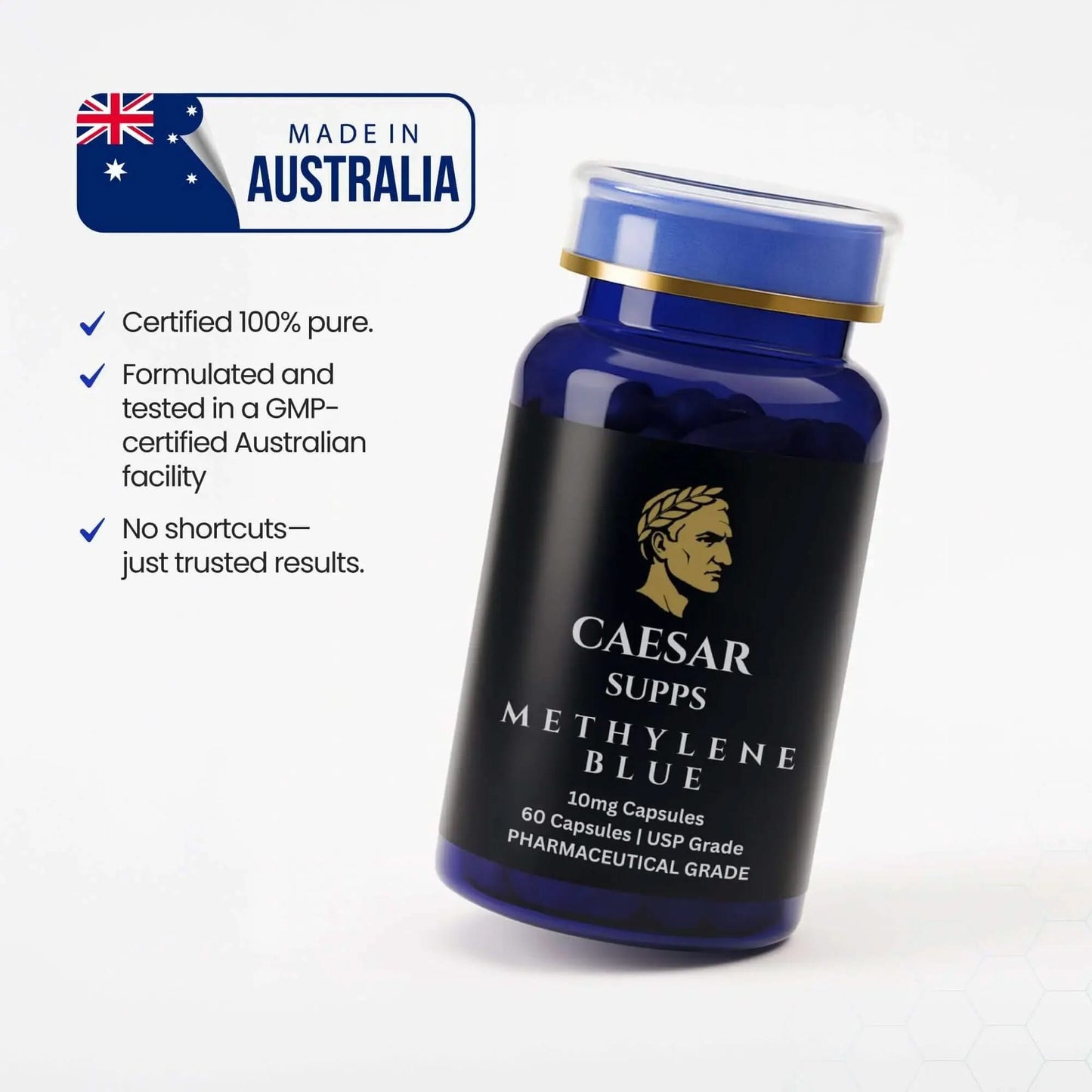 Blue supplement bottle labeled 'Caesar Supps Methylene Blue' with Australian flag and certification text on a white background.