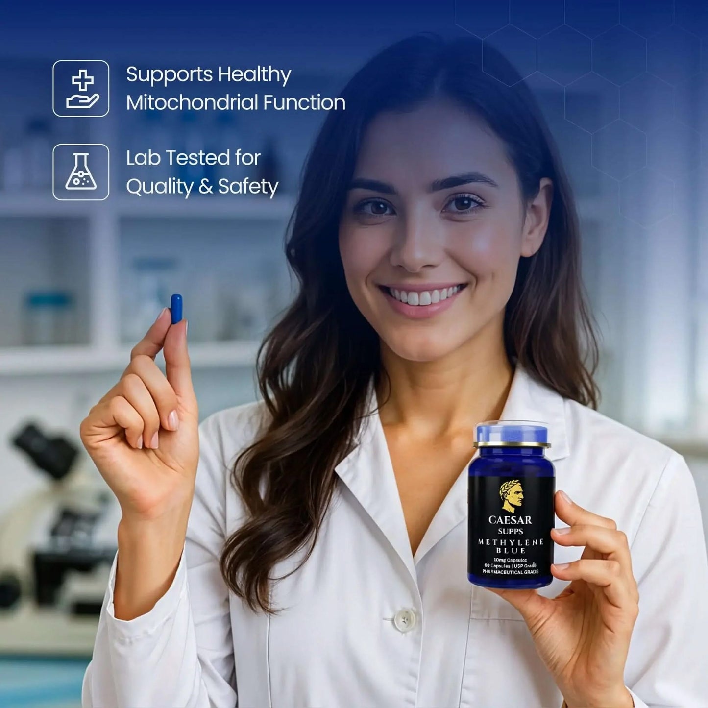 Woman holding a supplement bottle with text about mitochondrial function and lab testing.