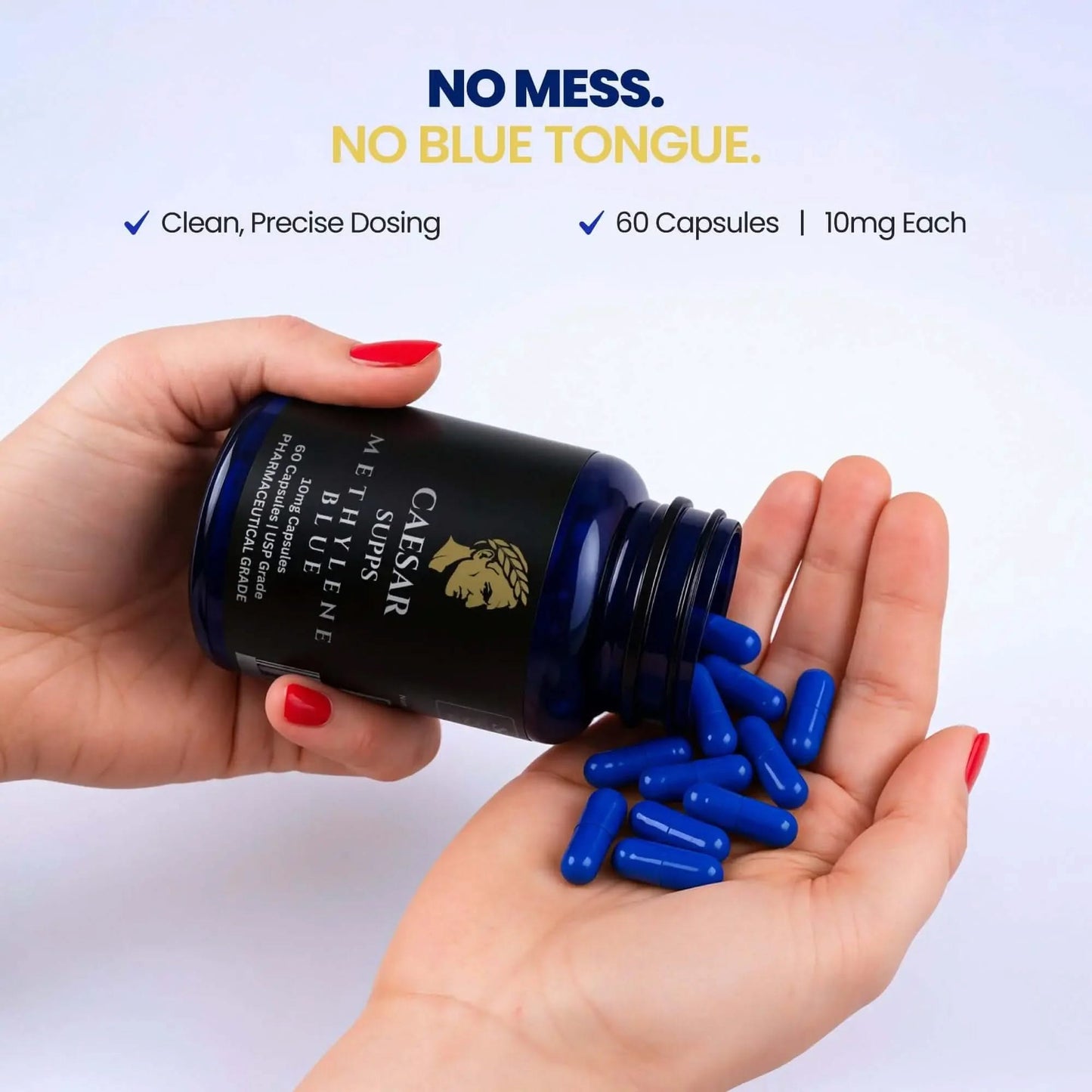Hand holding Caesar Supps Methylene Blue Capsules with product details on a white background
