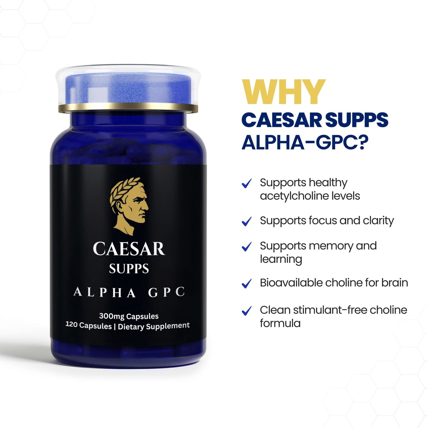 Caesar Supps Alpha GPC supplement bottle with features listed on a white background