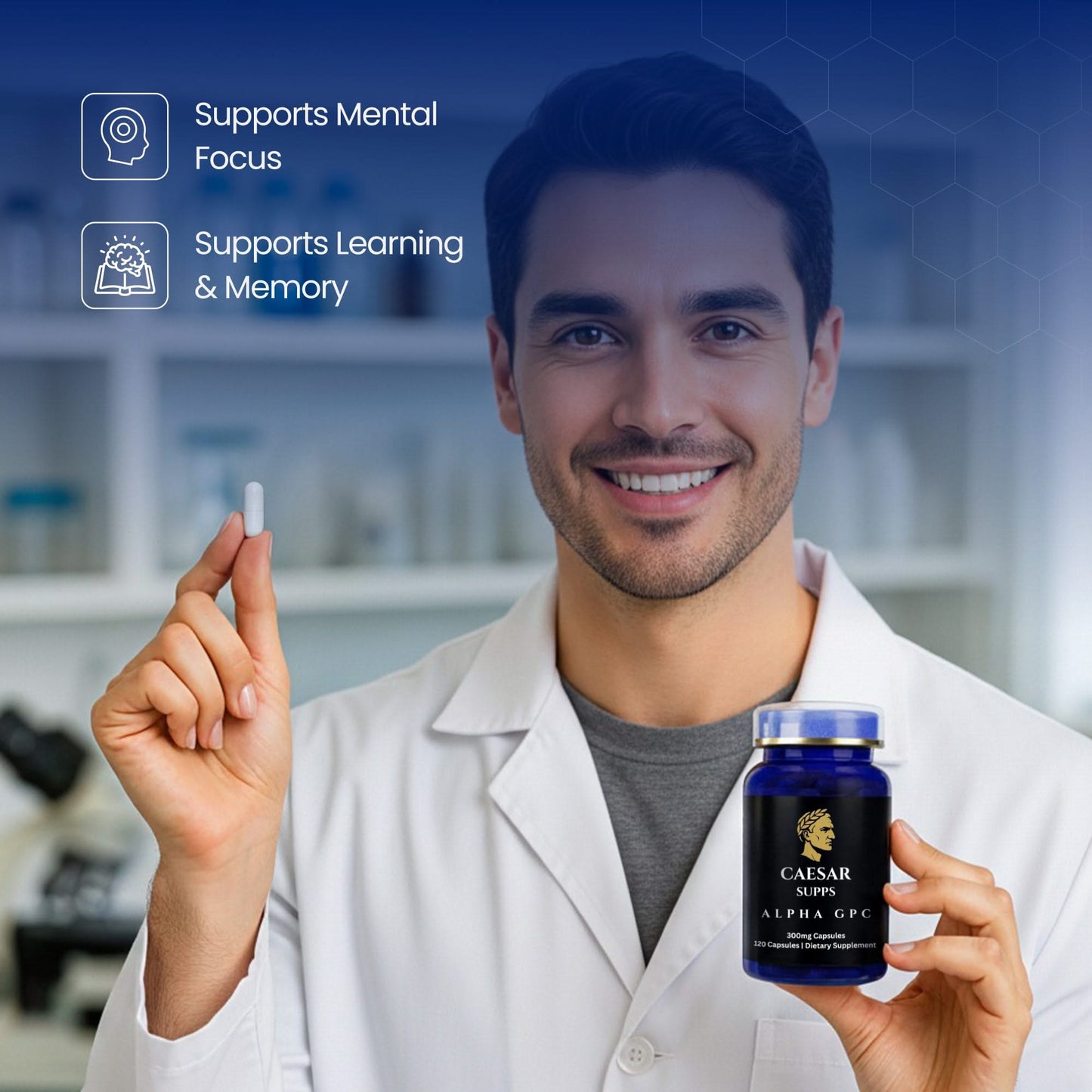 Man in a lab coat holding a supplement bottle with text about mental focus and learning.
