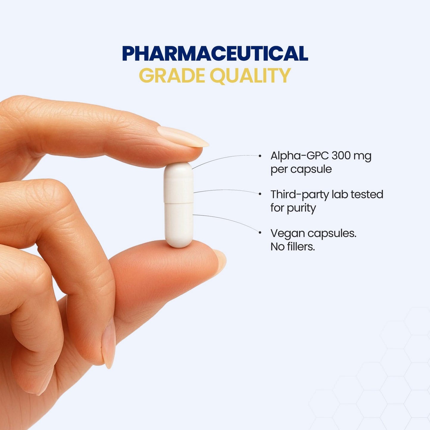 Hand holding a white capsule with text about pharmaceutical grade quality and product details.