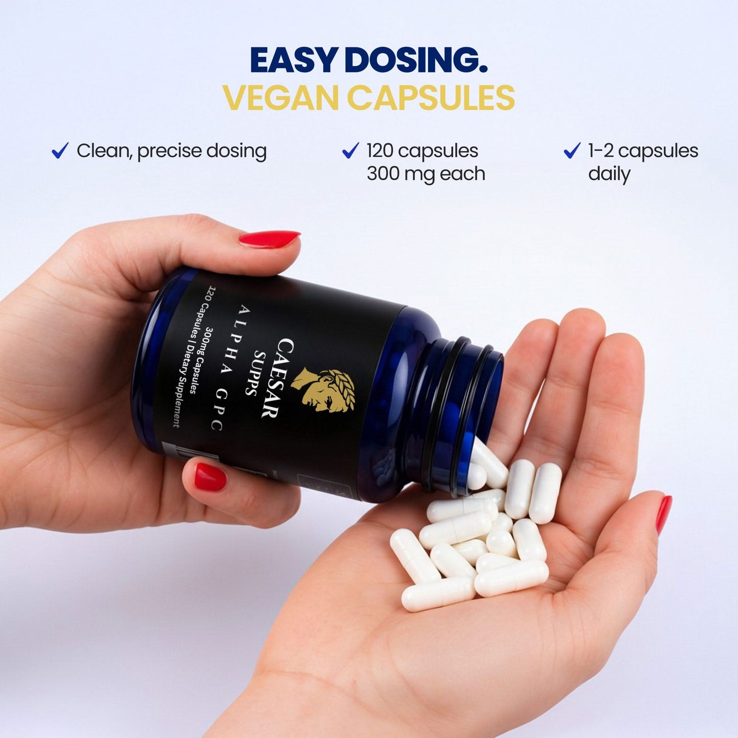 Hand holding a bottle of Caesar Supps Alpha GPC vegan capsules with text about dosing on a light purple background.