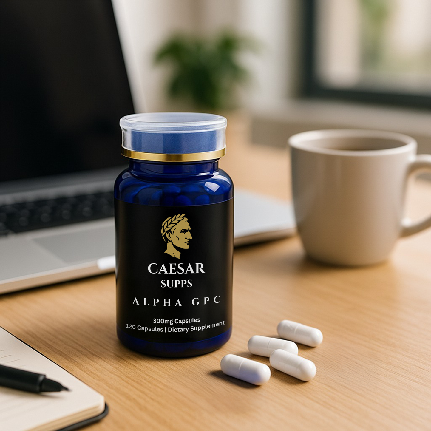 Caesar Supps Alpha GPC supplement bottle on a desk with a cup and laptop in the background