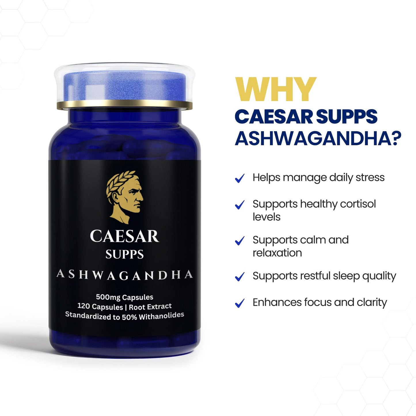 Caesar Supps Ashwagandha supplement bottle with benefits listed on a white background