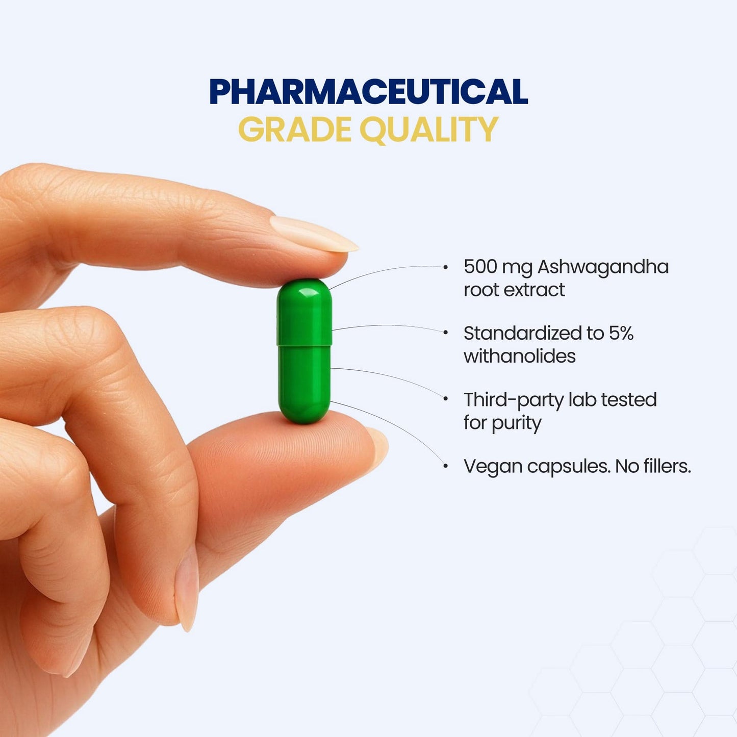 Green capsule held between fingers with text about pharmaceutical grade quality and product details.