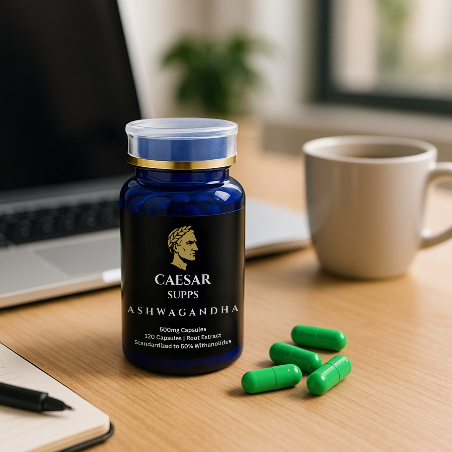 Bottle of Caesar Supps Ashwagandha on a desk with a cup and laptop in the background