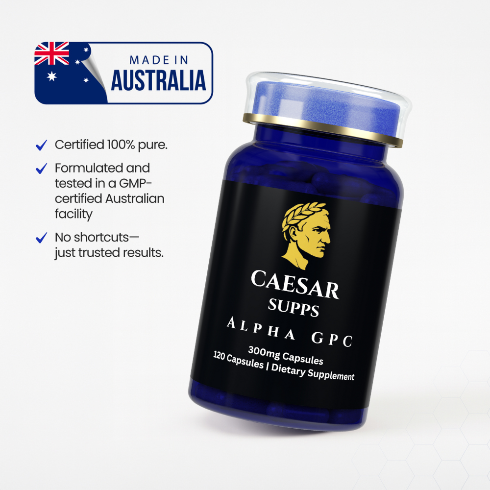 Blue supplement bottle labeled 'Caesar Supps Alpha GPC' with Australian flag and certification text on a white background.