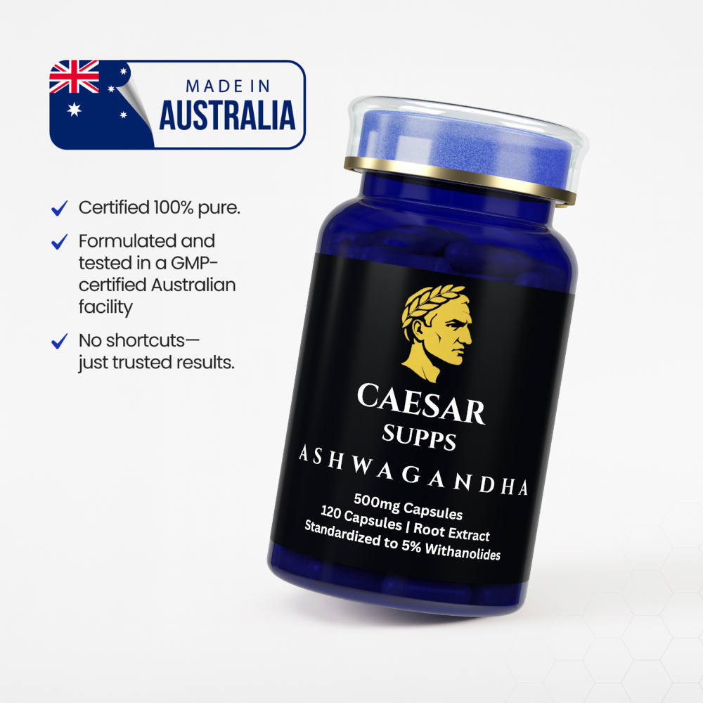 Blue supplement bottle labeled 'Caesar Supps Ashwagandha' with Australian flag and text on a white background