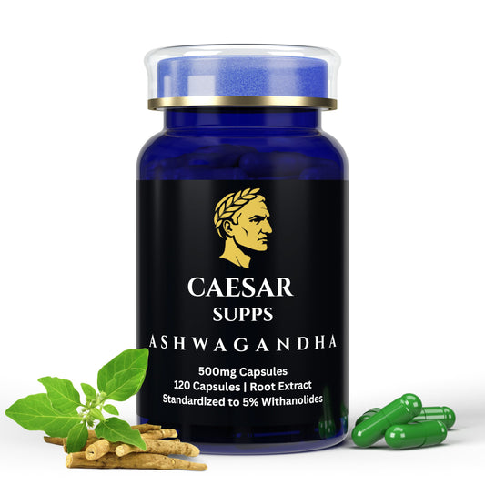 Bottle of Caesar Supps Ashwagandha supplement with packaging and capsules on a white background