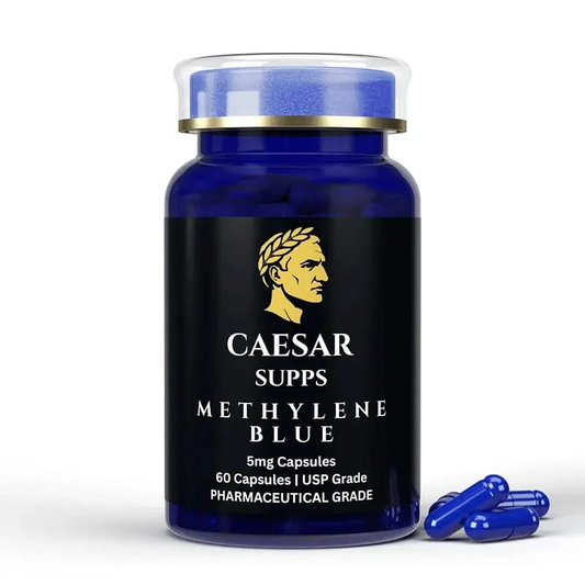 Bottle of Caesar Supps Methylene Blue capsules on a white background