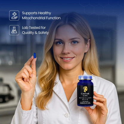 Woman holding a supplement bottle with product details on a blurred background