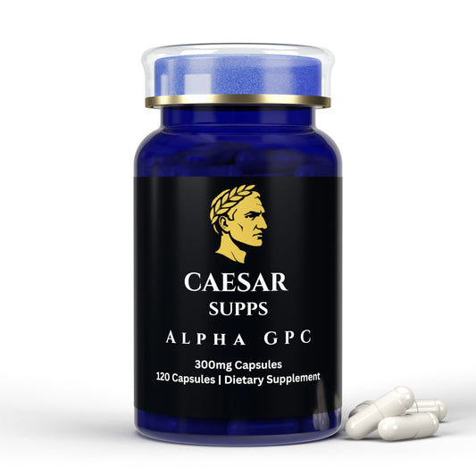 Blue supplement bottle labeled 'Caesar Supps Alpha GPC' with white capsules on a white background