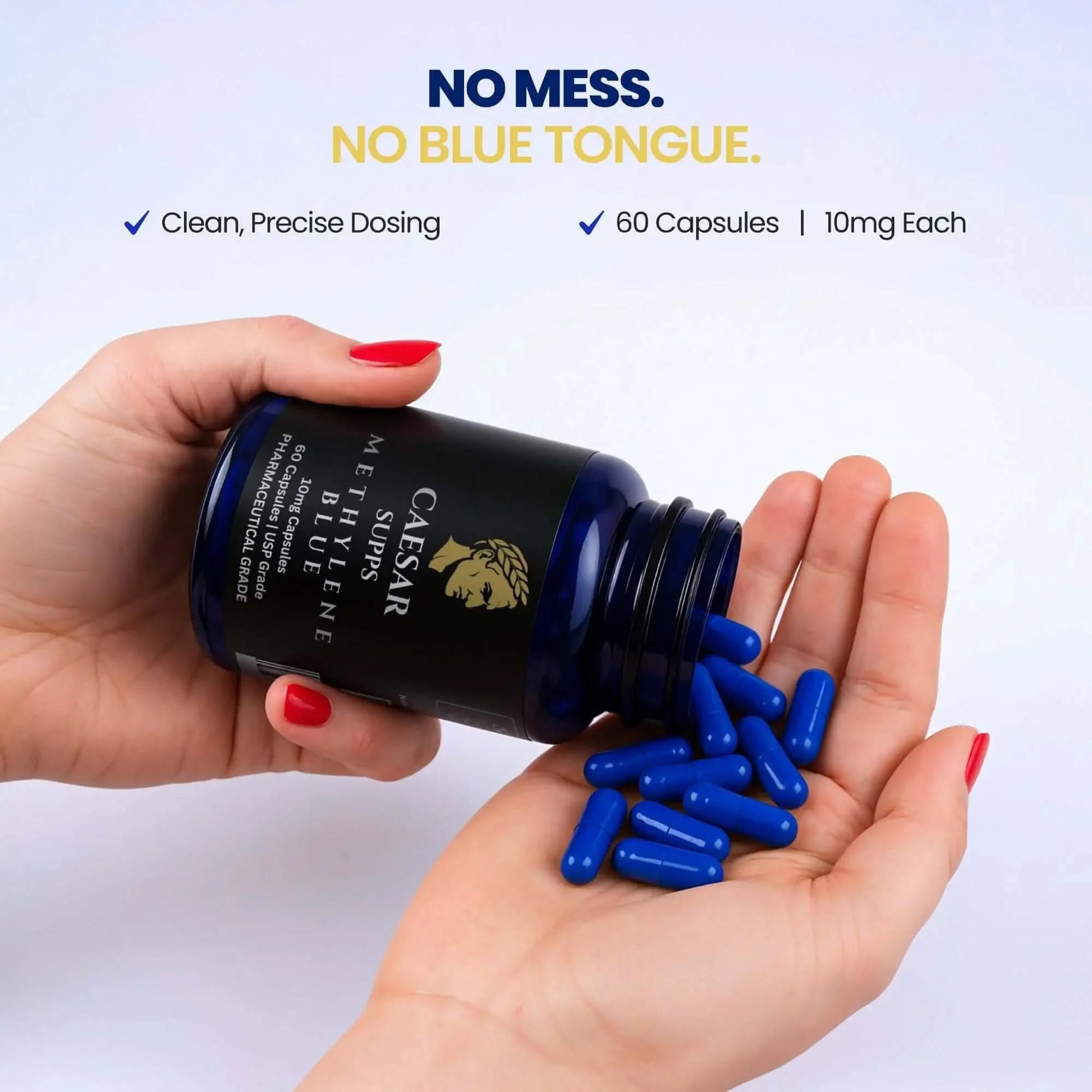 Hand holding Caesar Supps Methylene Blue Capsules with product details on a white background