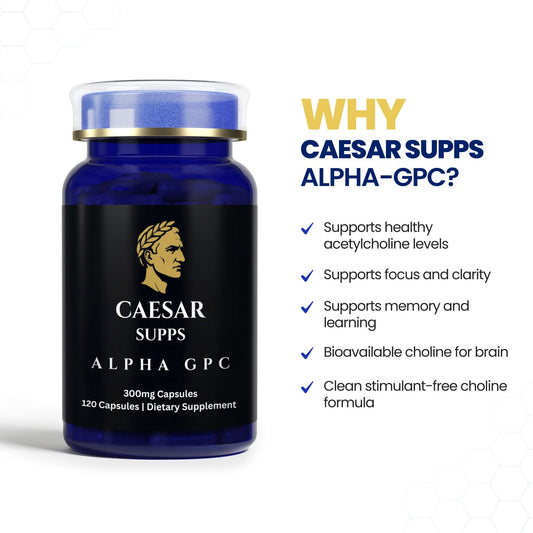 Caesar Supps Alpha GPC supplement bottle with features listed on a white background