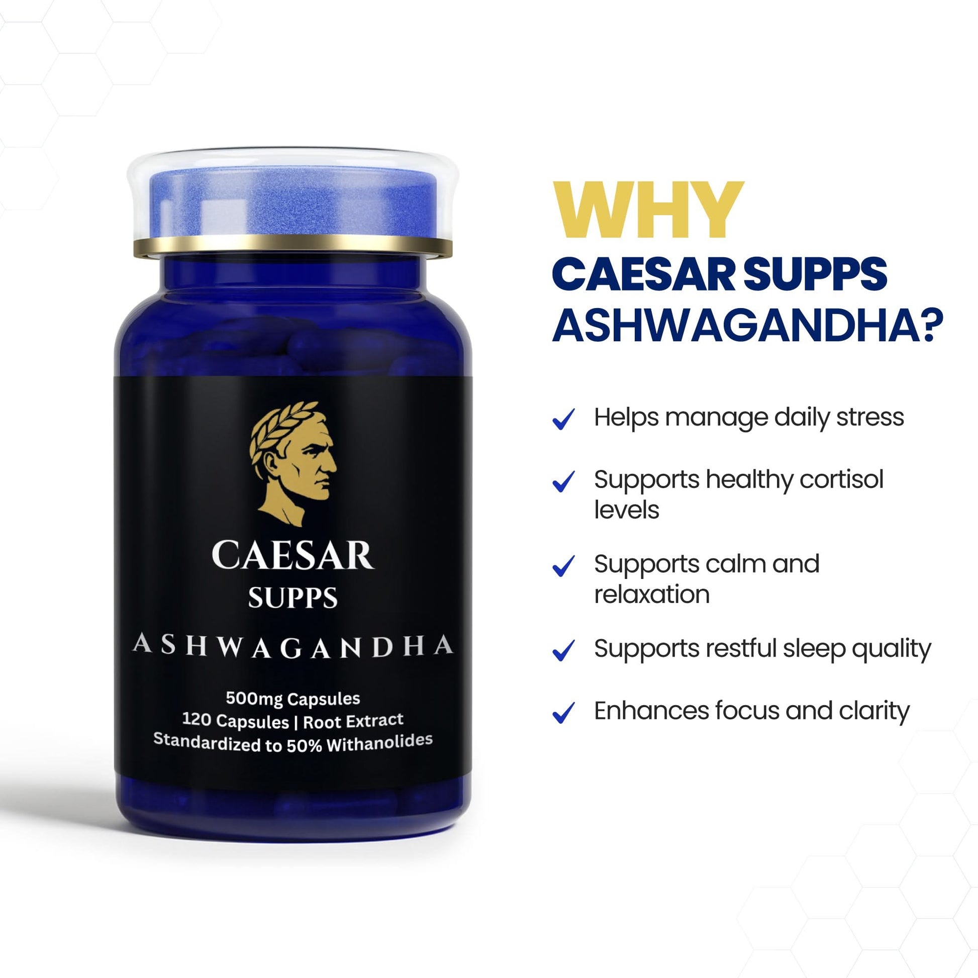 Caesar Supps Ashwagandha supplement bottle with benefits listed on a white background