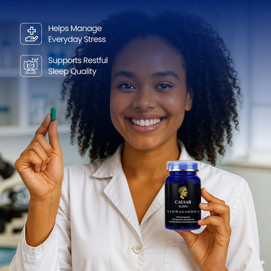 Woman holding a supplement bottle and a pill, with text about stress management and sleep quality.